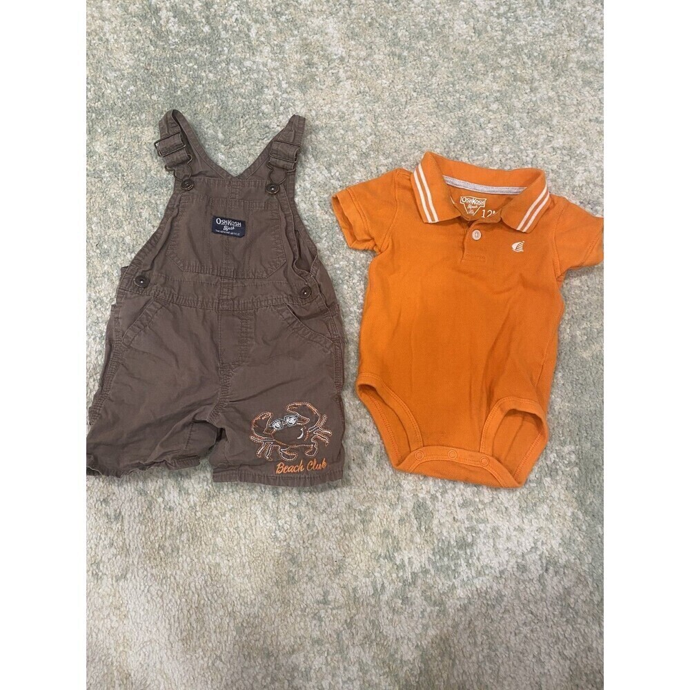 OSHKOSH B’GOSH SET Brown OVERALLS Orange BODYSUIT Set 12 Month Beach Club